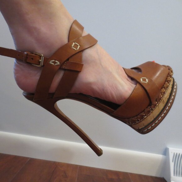 CASADEI Peep Toe Brown High Heel Platform Sandals - Picture 5 of 7